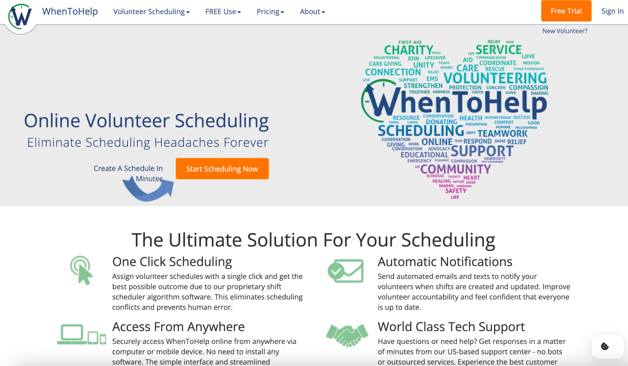 An illustration of WhenToHelp online scheduling software offering one-click scheduling, automated notifications, and more