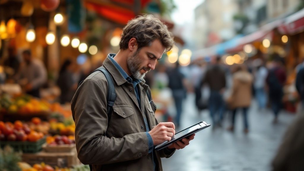 Man using a digital tablet while standing in a vibrant outdoor market, surrounded by fruit stalls and blurred crowds in the background