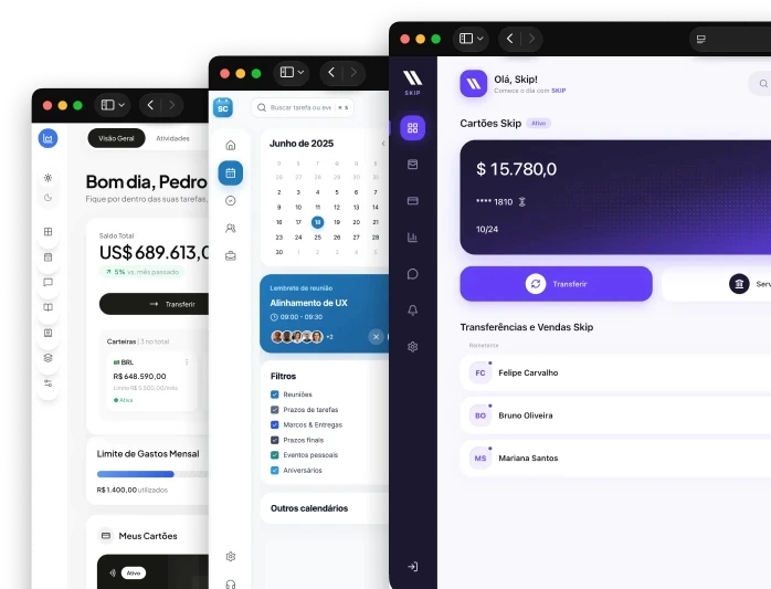 Templates prontos de sistemas no Skip, como painel financeiro e agenda