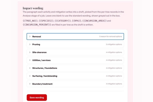 Settings holding the practice’s impact wording and removal reasons