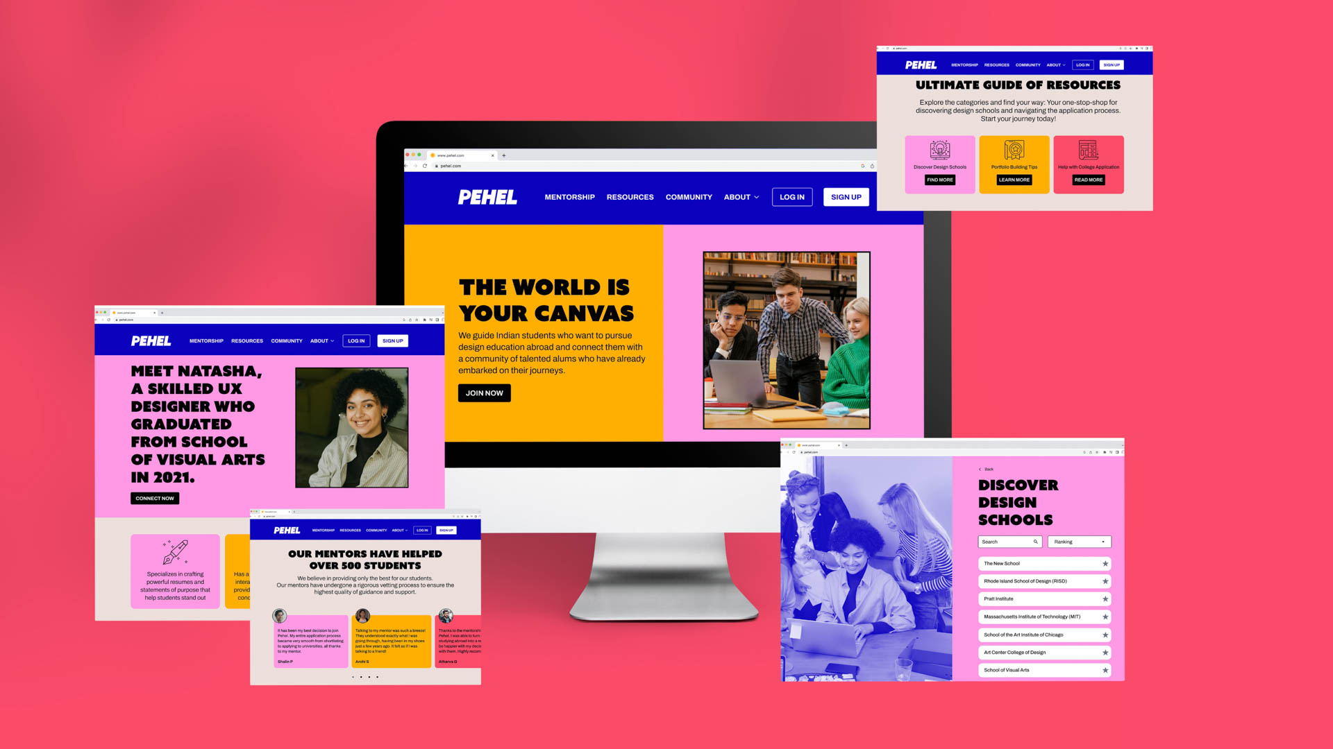 A desktop computer screen displays the PEHL website, featuring a banner with the headline “THE WORLD IS YOUR CANVAS.” Below it, a smaller image shows a woman in a pink shirt and text reading “MEET NATASHA, A SKILLED UX DESIGNER WHO GRADUATED FROM VISUAL ARTS IN 2021.” A laptop screen shows a sign-up form, while a smaller desktop screen displays a search bar and a “GO” button. A smaller mobile screen shows a “DISCOVER DESIGN SCHOOLS” section.