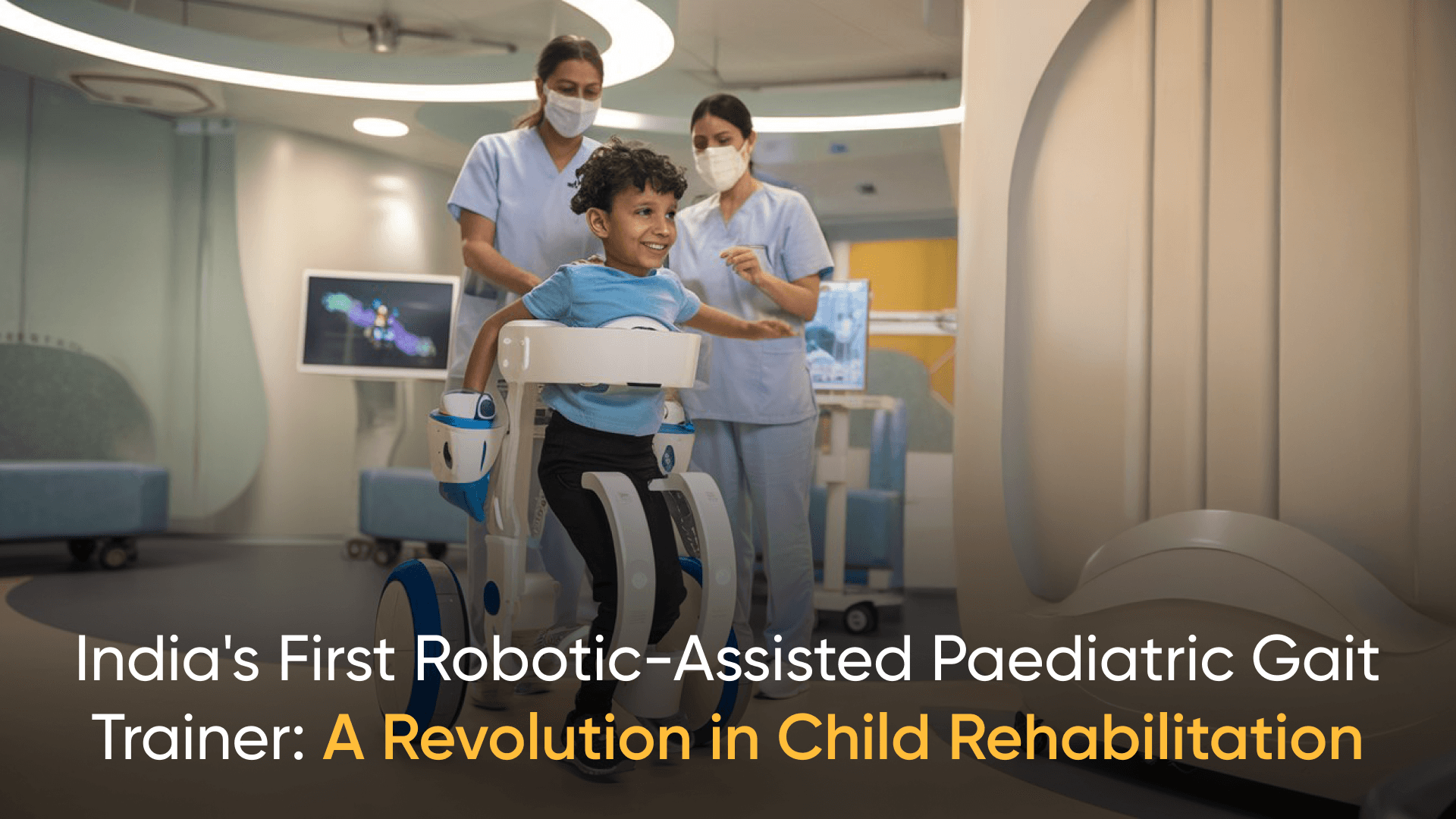 Child undergoing therapy using India's first robotic-assisted pediatric gait trainer for rehabilitation in a clinical setting. G-Gaiter robotic therapy India, Robotic-assisted pediatric rehabilitation, AI and robotics in Indian healthcare