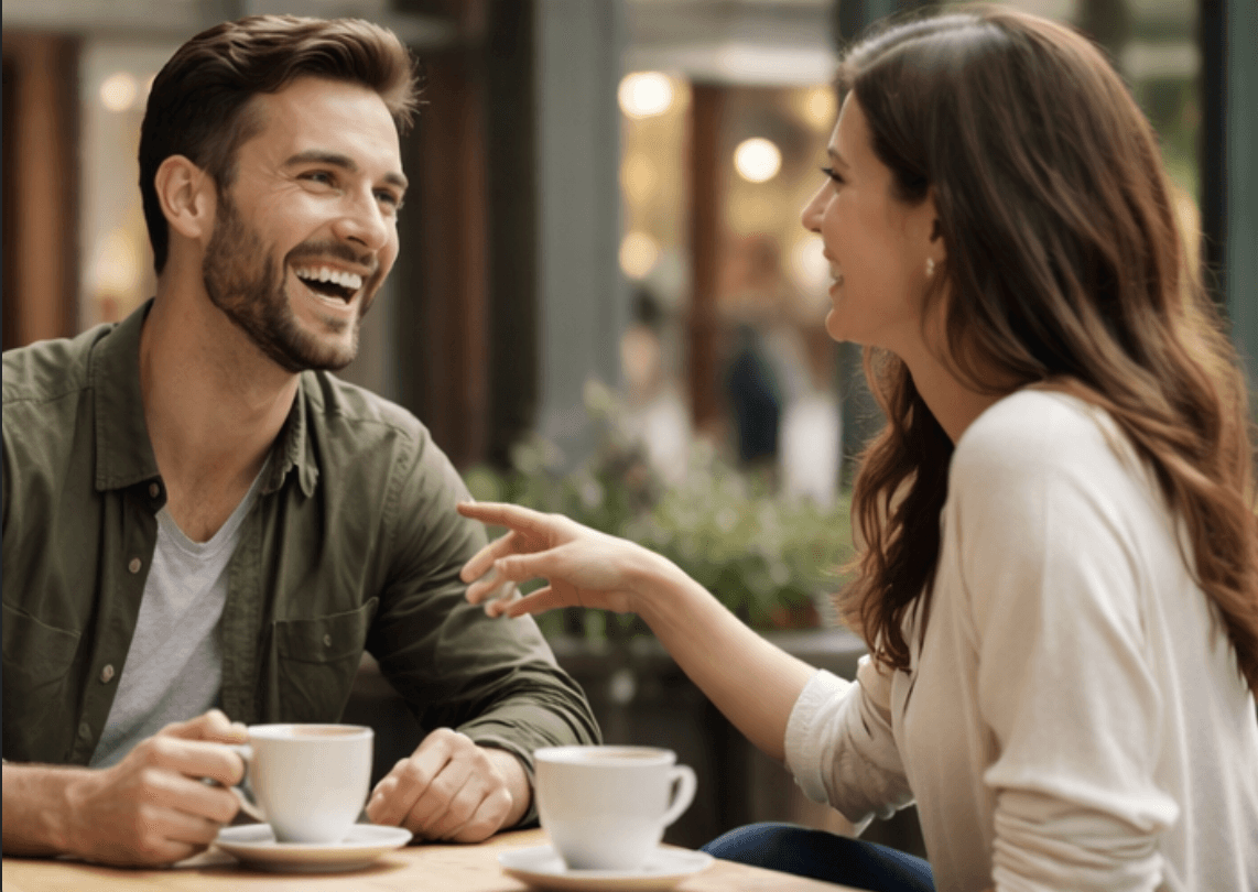 ein mann sitzt mit einer frau in einem caffee, beide haben spaß