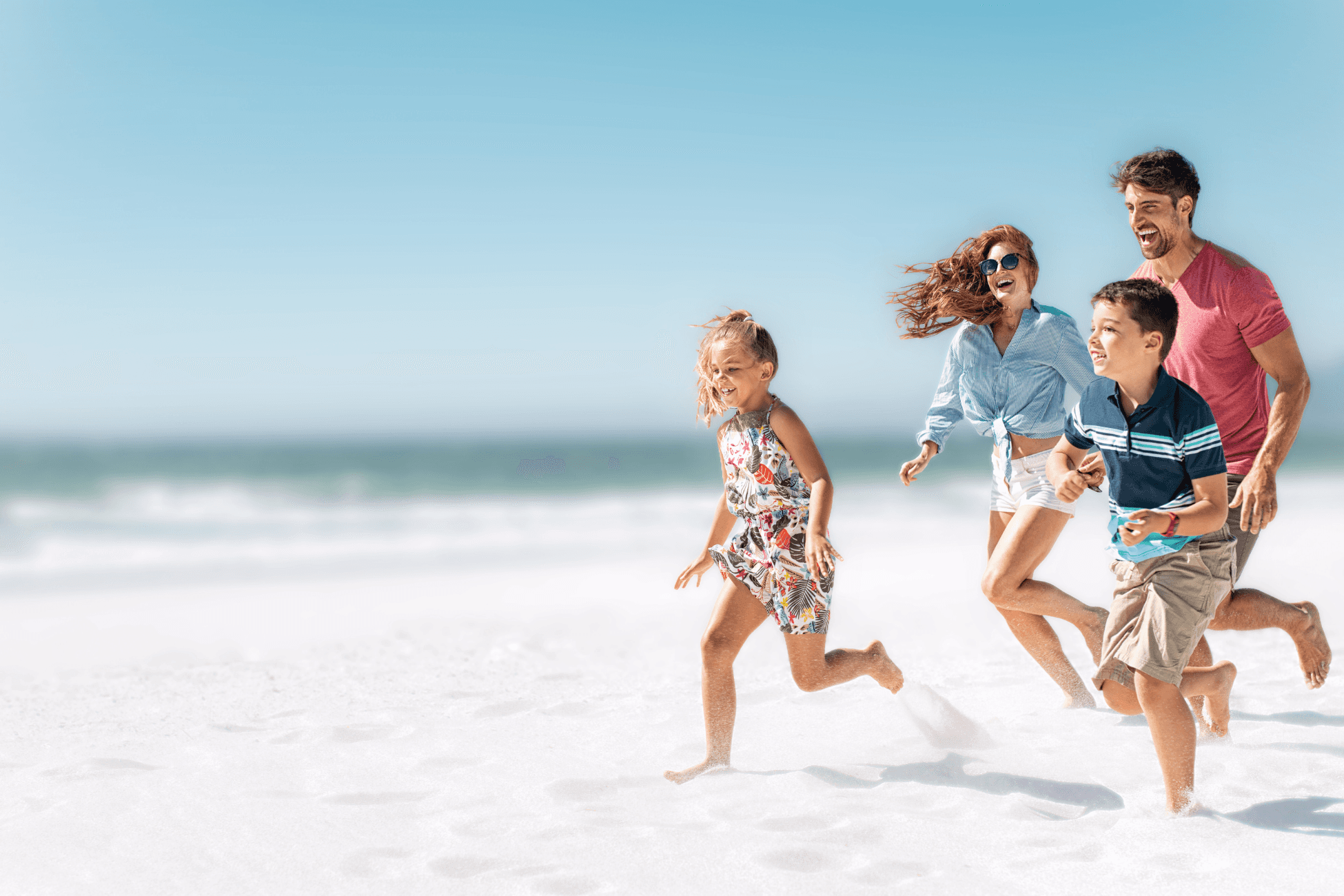 Kina homepage hero image with a happy family running on the beach, illustrating tuition rewards and payment flexibility