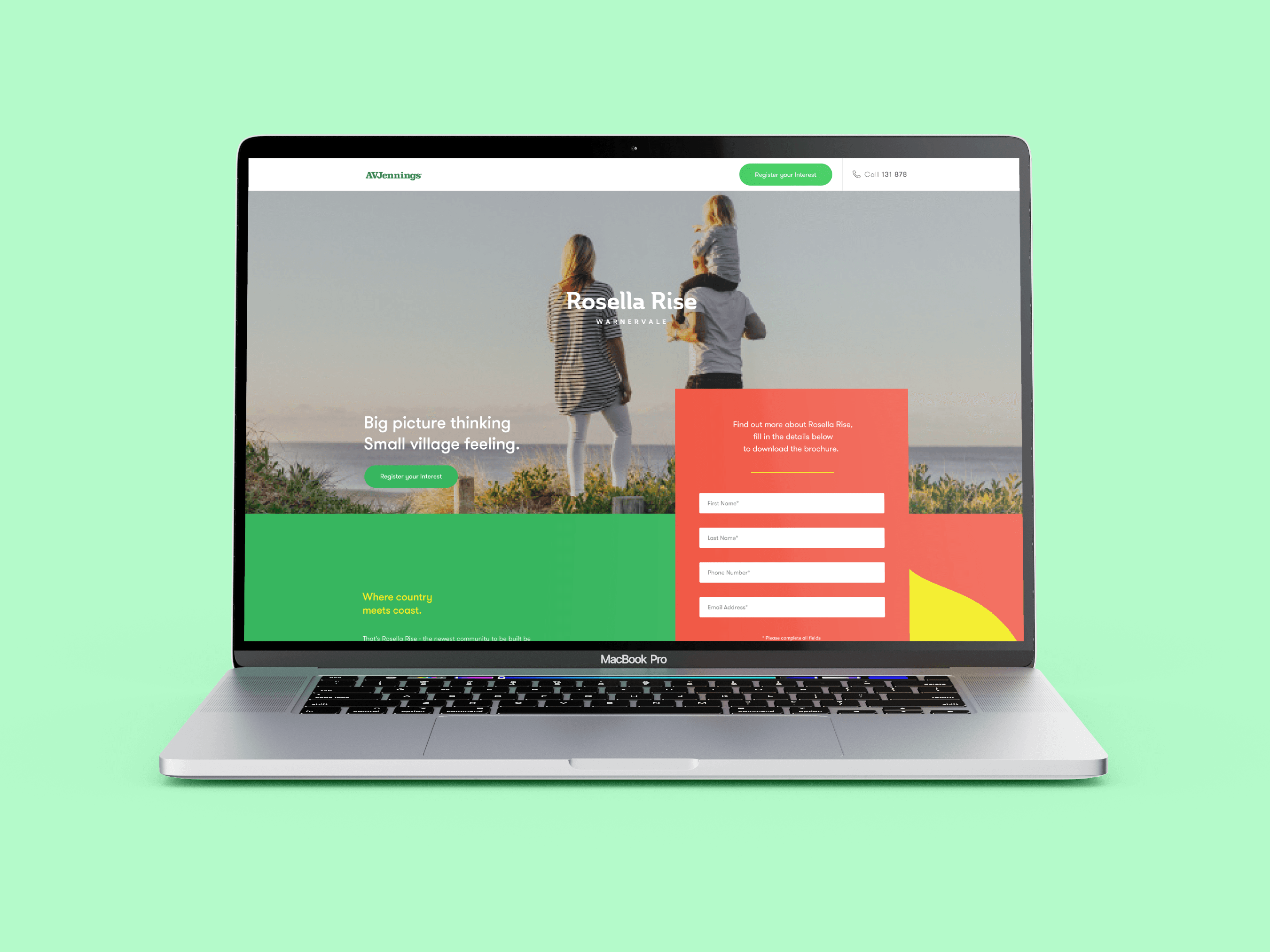 Laptop displaying a website for "Rosella Rise." Features include a family by the sea, text on village living, and a contact form, set against a mint green background.