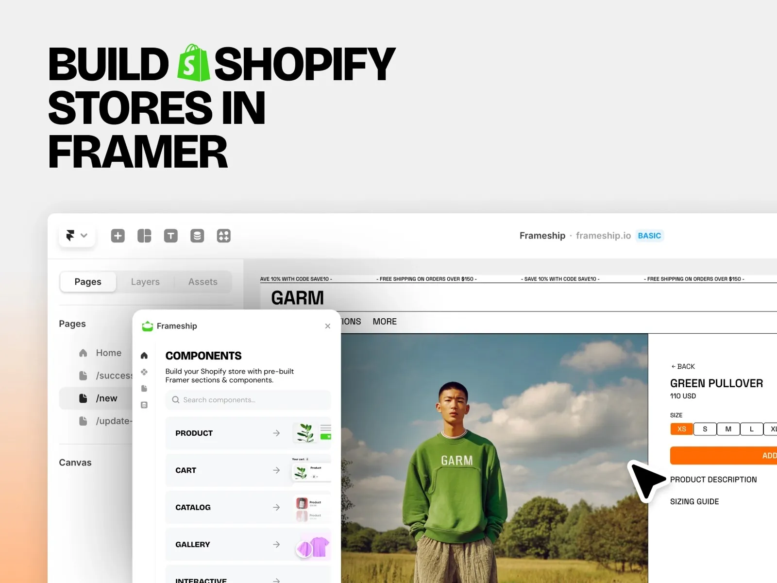 Shopify store interface in Framer with a product page for a green pullover.