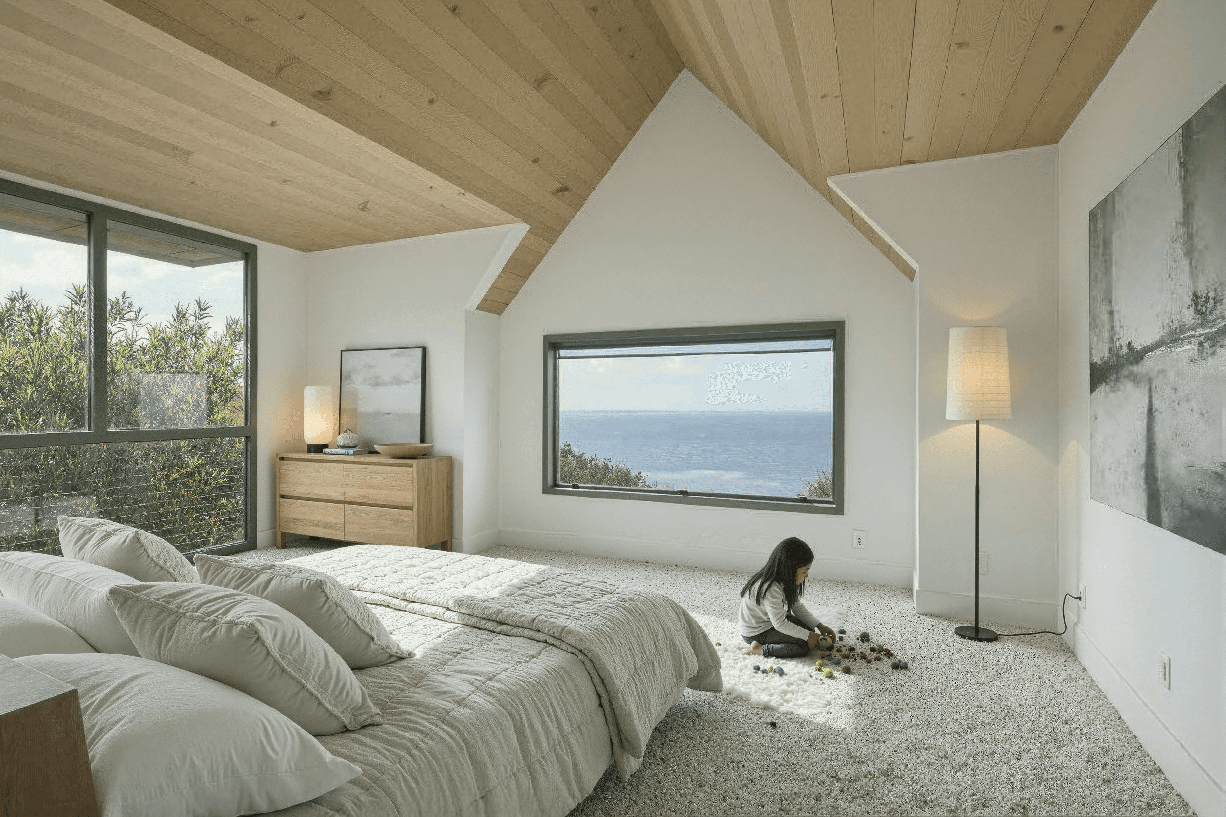 coastal-flood-resilient-raised-house-chatham-ma-summer-cedar-modern-mava-light color-ocean view-bedroom-wooden ceiling