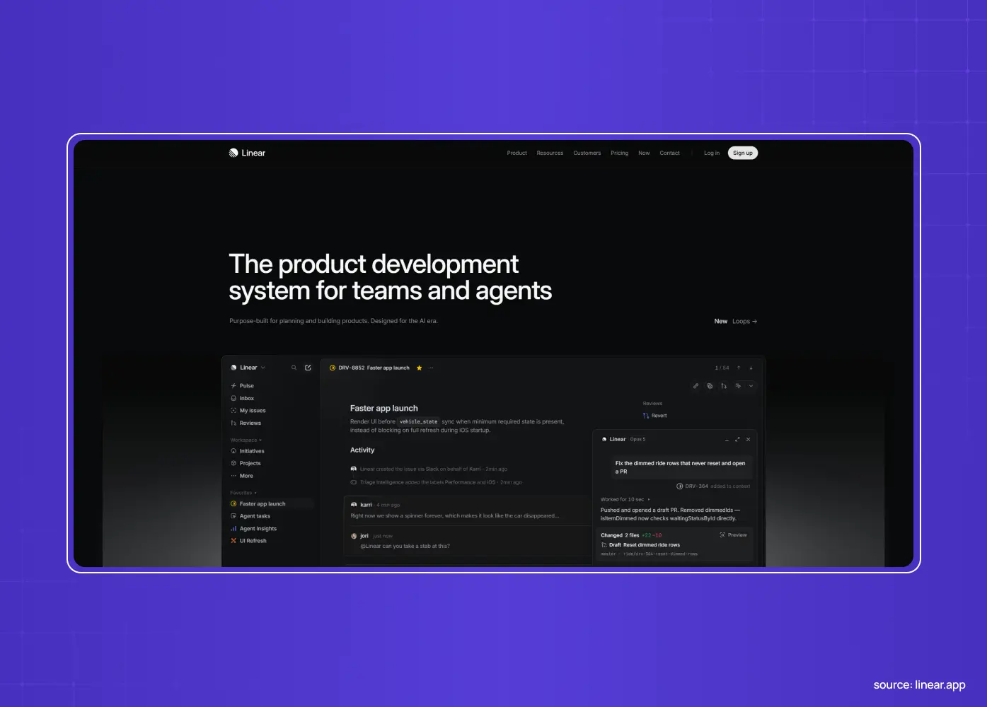 Linear product development website showing a dark interface with project management tools and the headline “The product development system for teams and agents.”