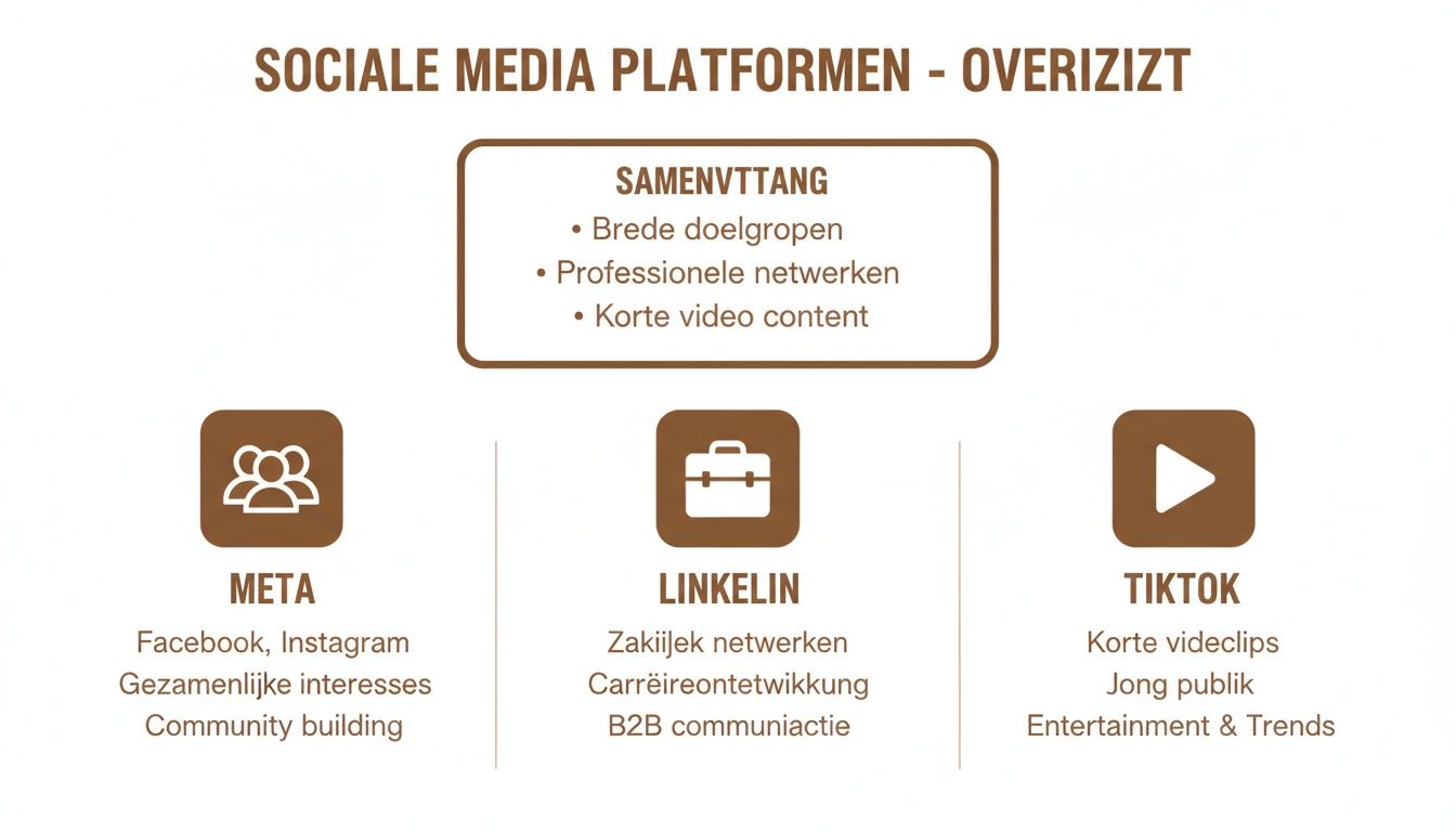 Overzicht van sociale mediaplatforms Meta, LinkedIn en TikTok met hun kenmerken en doelgroepen.