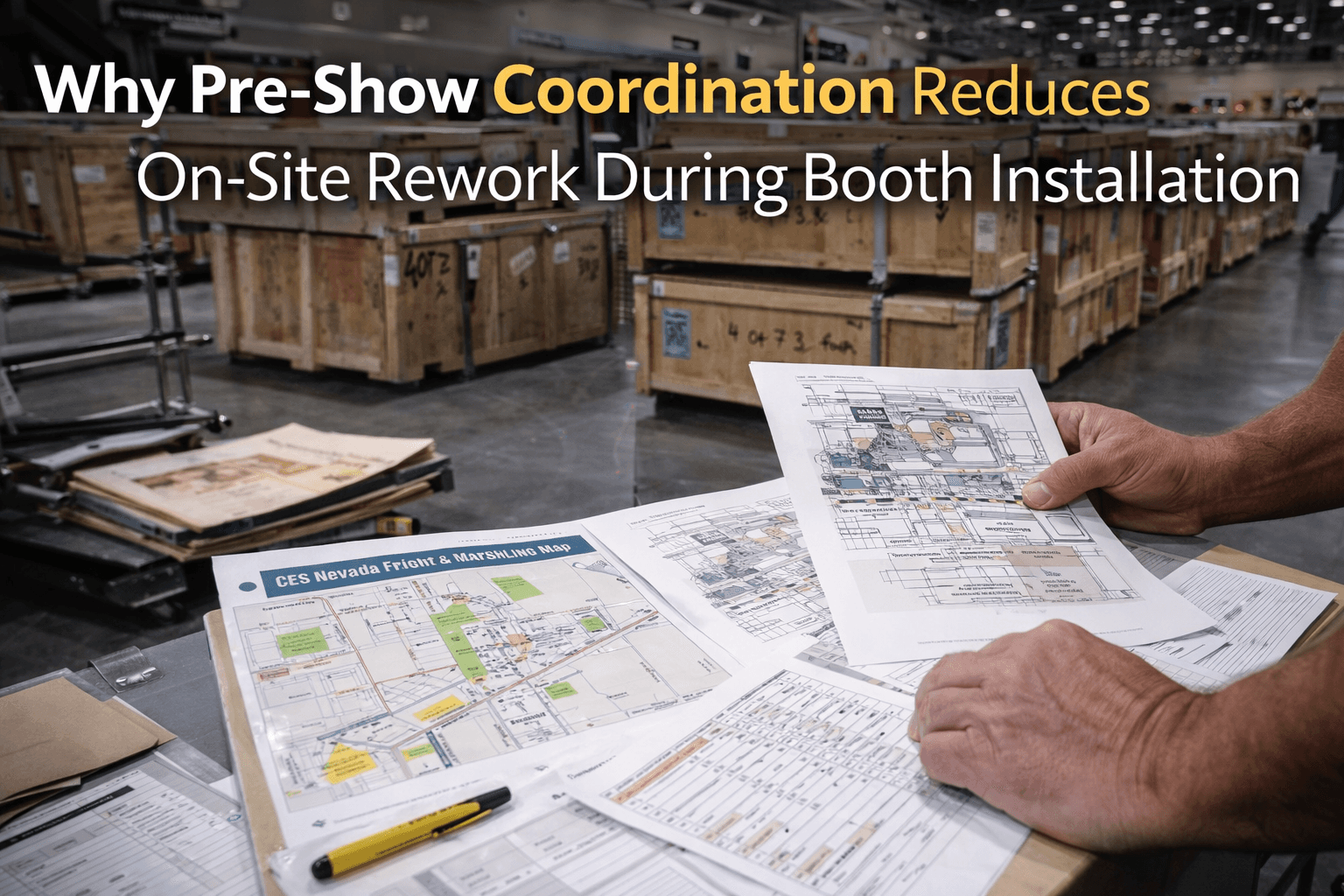 Pre-show coordination for trade show booth installation in Las Vegas with freight map, planning documents, crate staging, and install preparation
