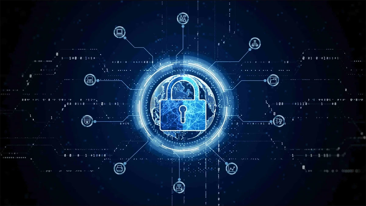 Cyber security image of glowing digital lock on dark backround with digital pathways emminating from glowing centre.