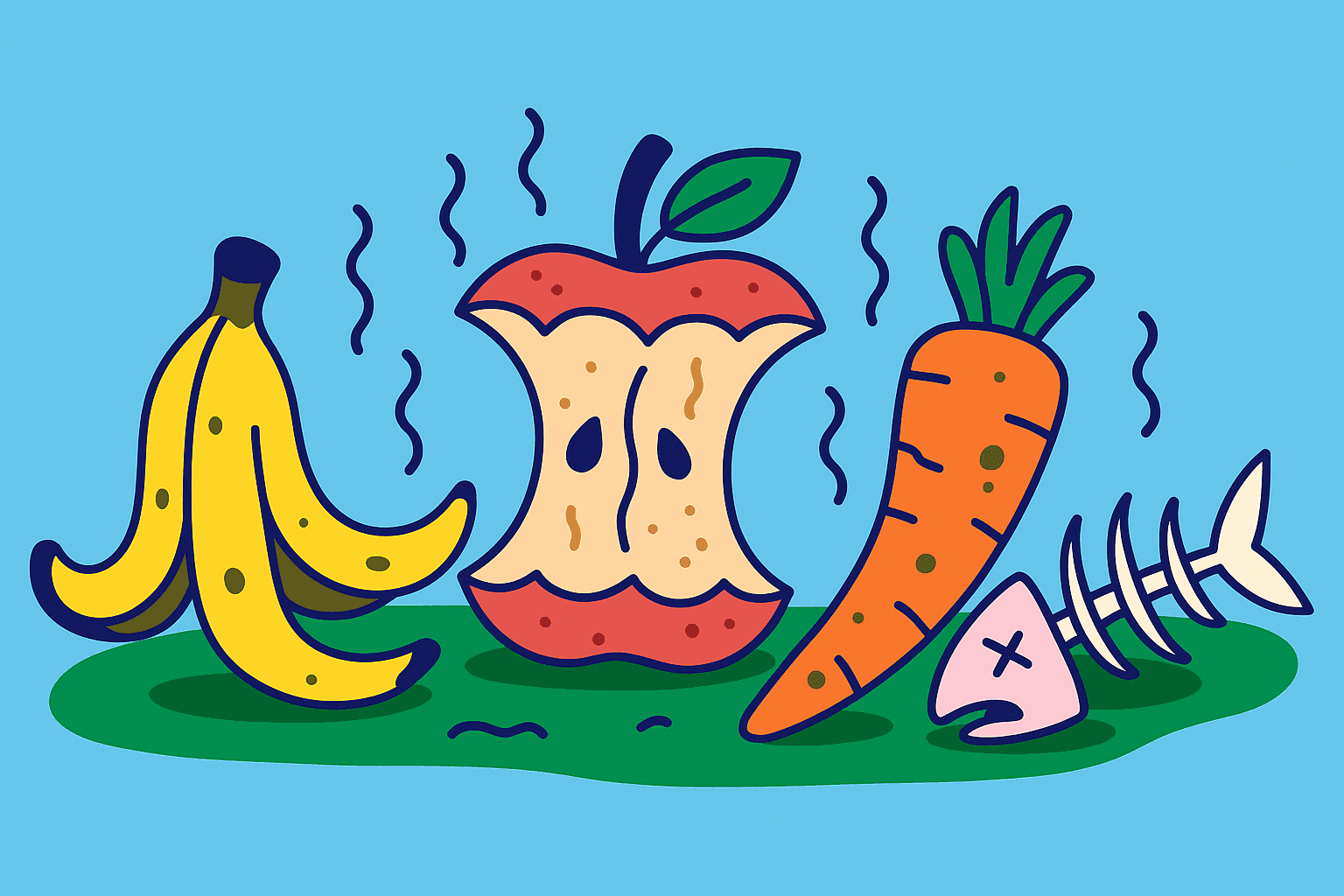 An image of banana peels, half-eaten apple, a carrot and fish bone in vector style