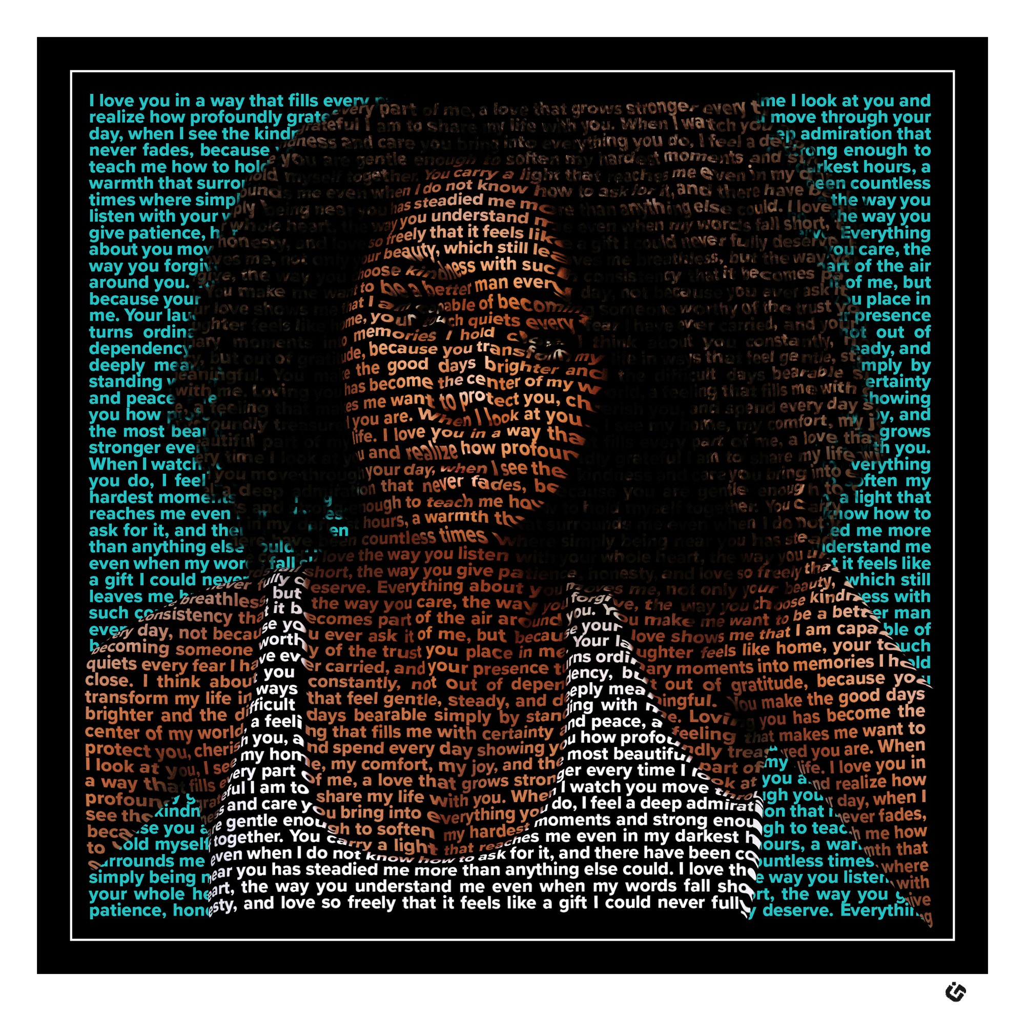 Custom text portrait of a woman with curly hair, created using romantic handwritten words that form her face and upper body, displayed in a black frame with a thin white border and white mat. Personalized wall art gift design by U-Go Experience.