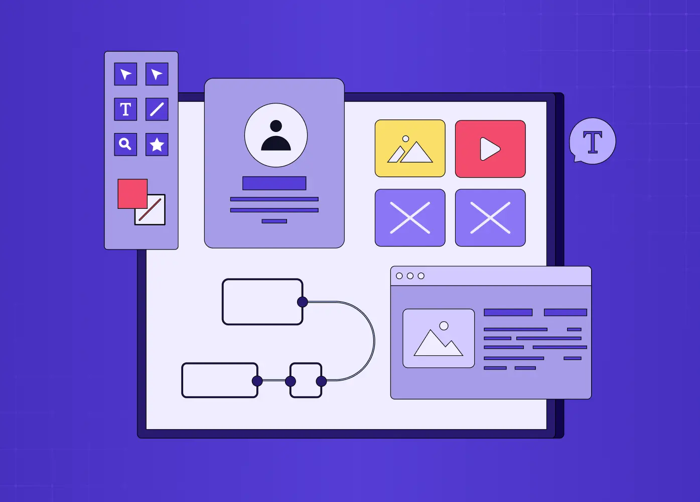 Illustration of a design workspace featuring UI components, user profiles, media elements, wireframes, and content blocks.