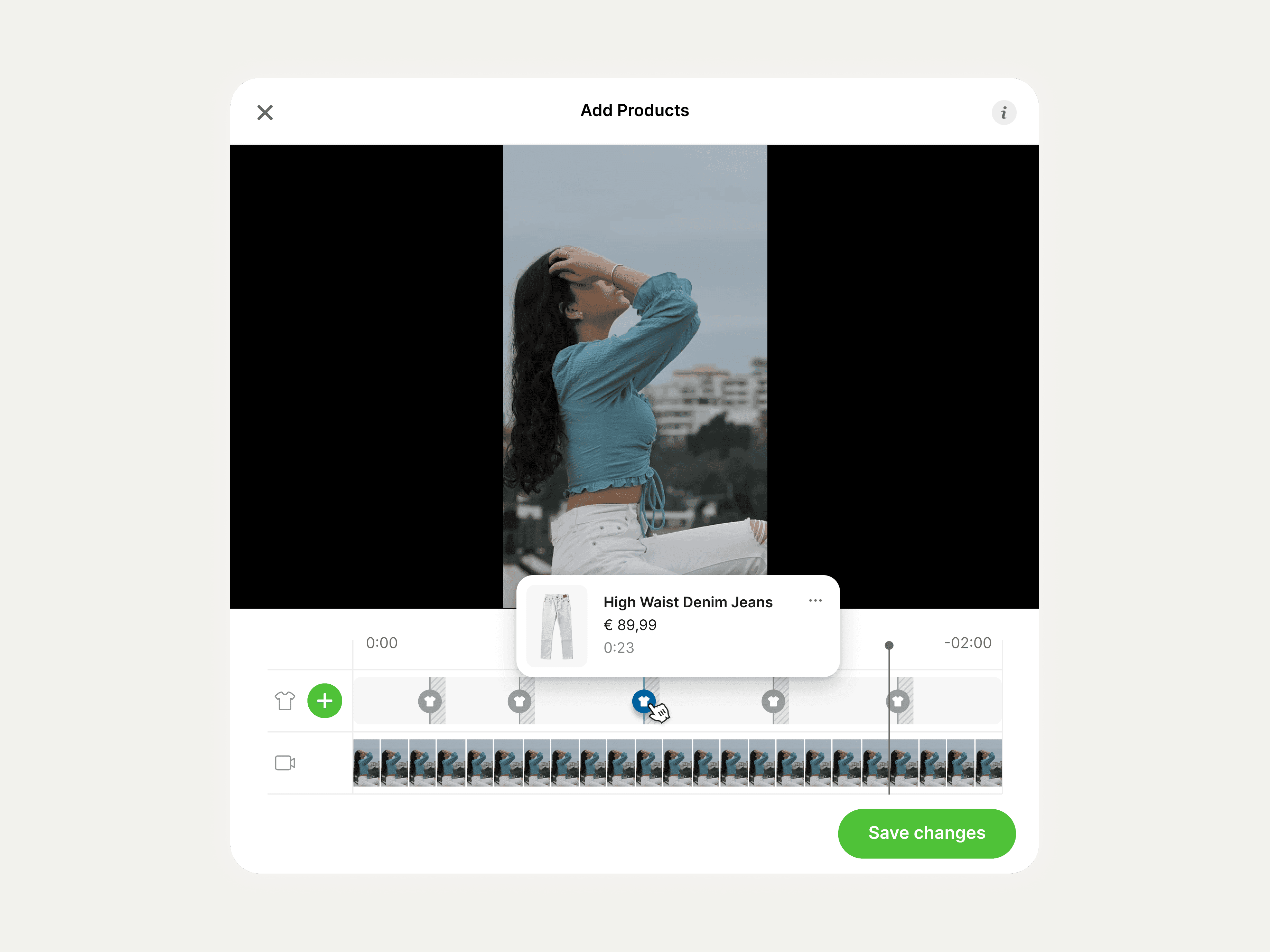 Studio CMS interface with a video timeline and products being added to that timeline