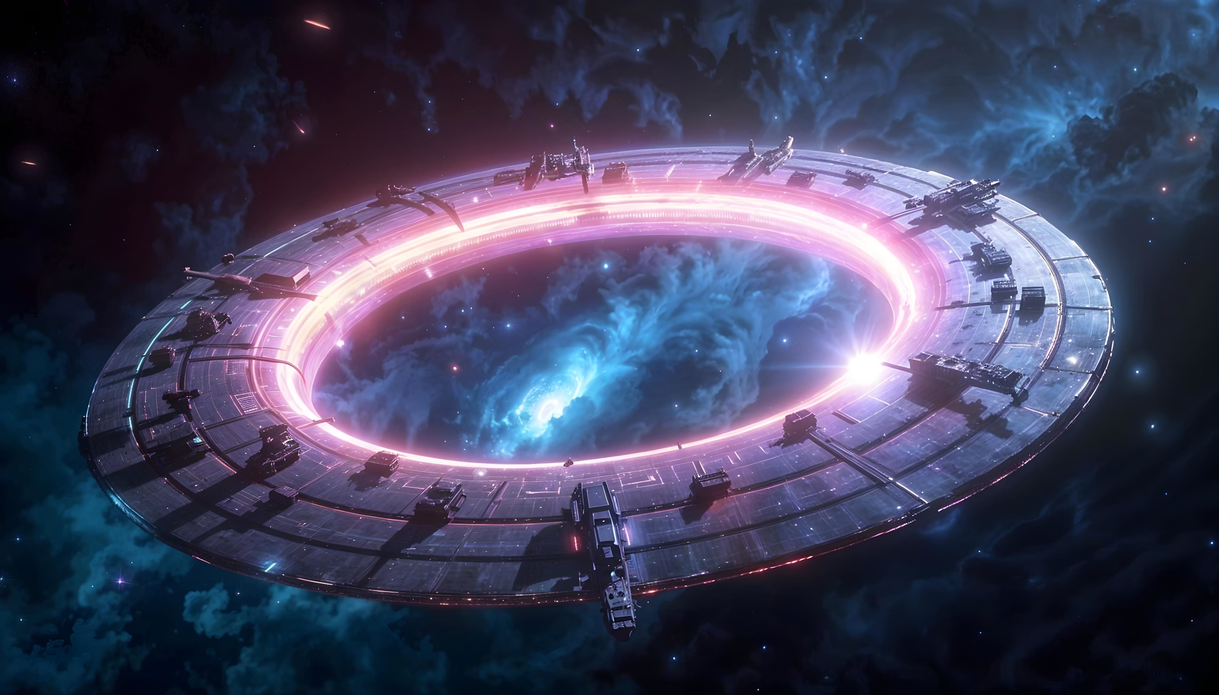 A futuristic Hyperspace portal shaped like a large, illuminated ring floats in a cosmic scene, with vibrant swirls of blue and purple nebulae in the background, creating a sense of depth and mystery in space.