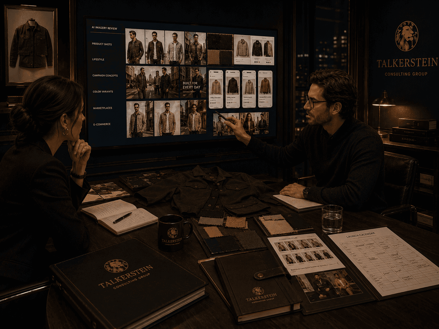 Fashion brand owner and AI product photography strategist reviewing AI-generated apparel imagery, product variants, lifestyle concepts, and e-commerce listings on a large display while evaluating fabric samples, launch plans, and catalog assets during a strategy consultation.