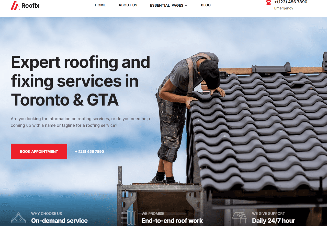 Halton Hills web design - roofing contractor homepage hero by DAWebDesigns