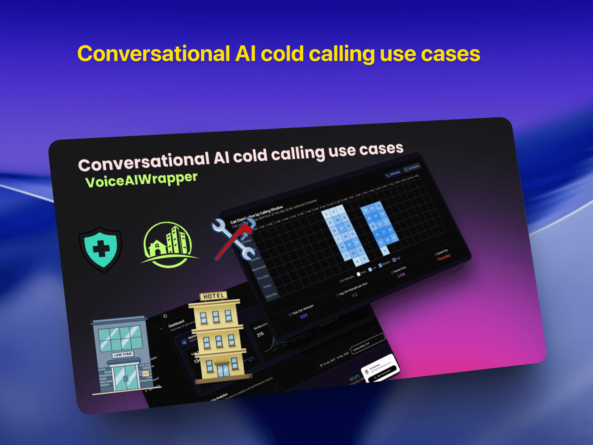VoiceAIWrapper conversational AI platform showing use cases for healthcare, real estate, hospitality, legal, and maintenance sectors | VoiceAIWrapper