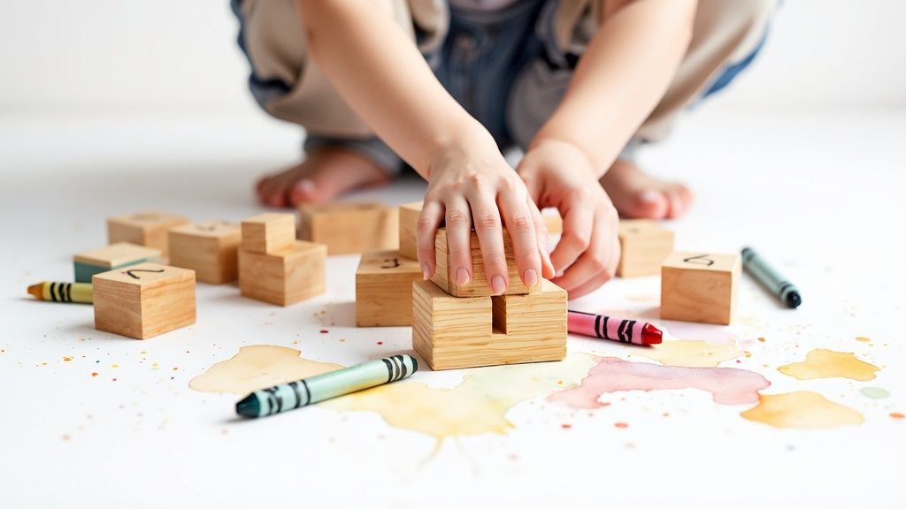 A child's hands building with wooden blocks and colorful crayons on a white surface with paint splatters.