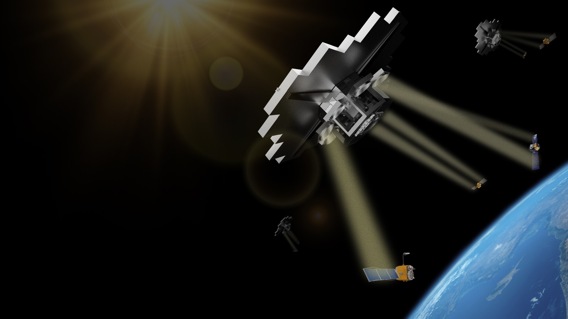 Star Catcher Network Power Nodes beaming concentrated sunlight to client satellite' solar panels in Low Earth Orbit