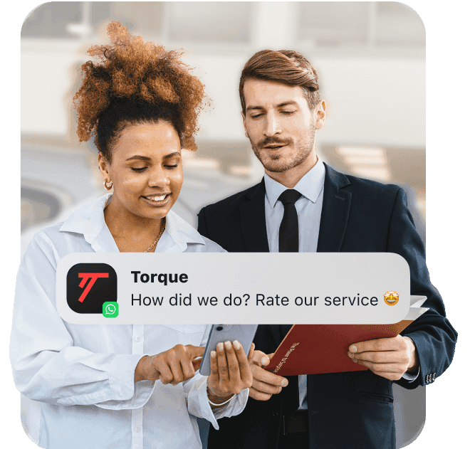 A service advisor and a customer with a message asking them to rate the service