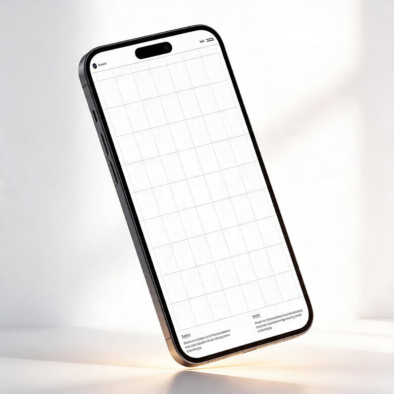 Minimal smartphone mockup floating against a soft neutral background, displaying a clean grid-based layout.
