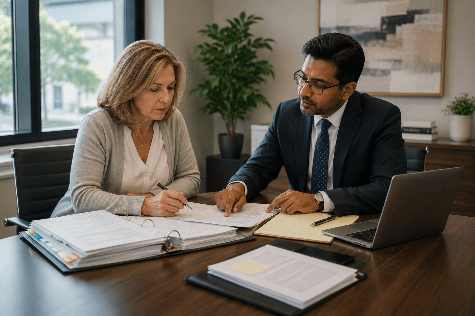 Ontario landlord reviewing evidence and preparing for a Landlord and Tenant Board hearing with a legal representative.