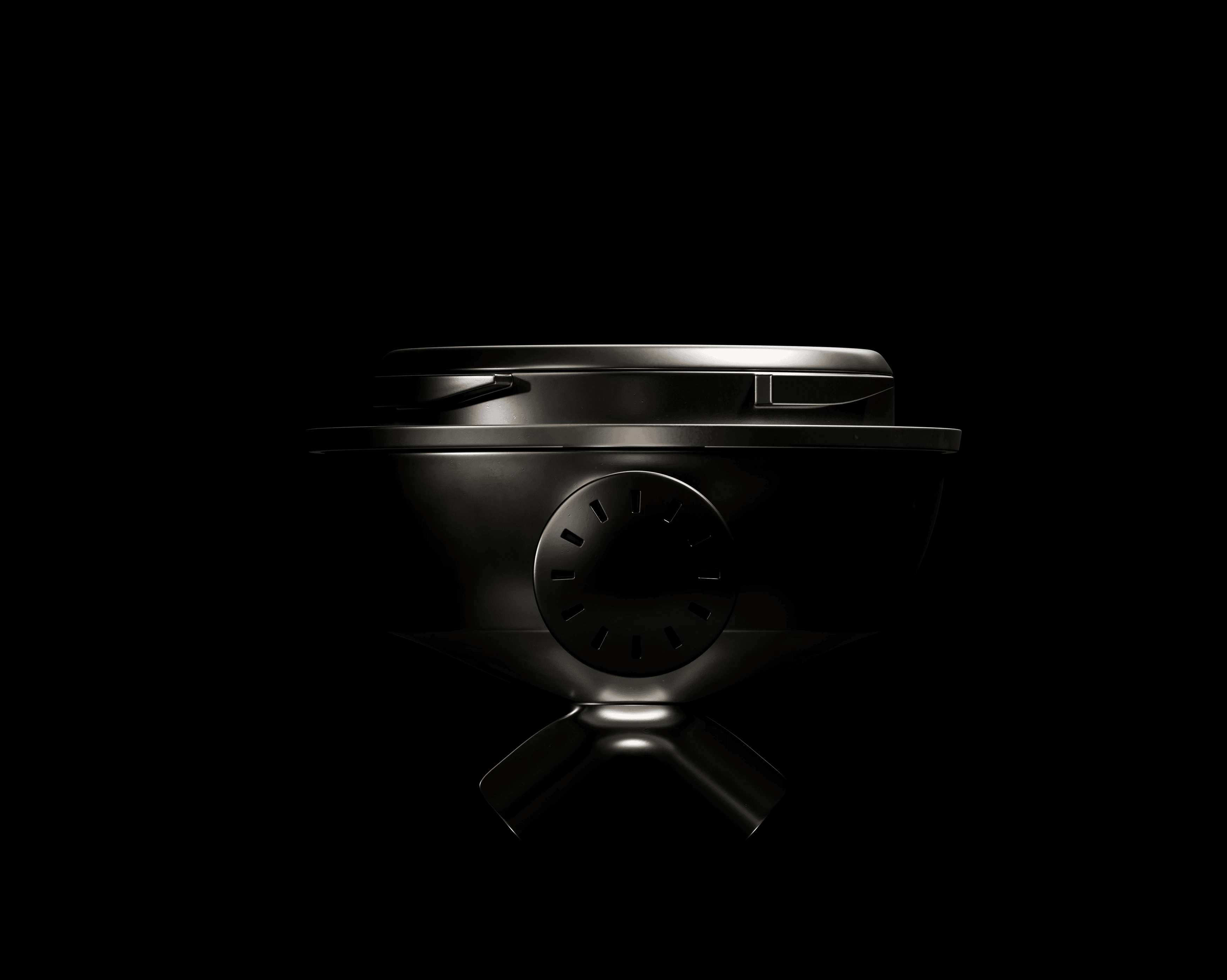 A round, black grill sits against a dark background, illuminated dramatically. It features a vent dial and a sleek, modern design, conveying elegance and sophistication.