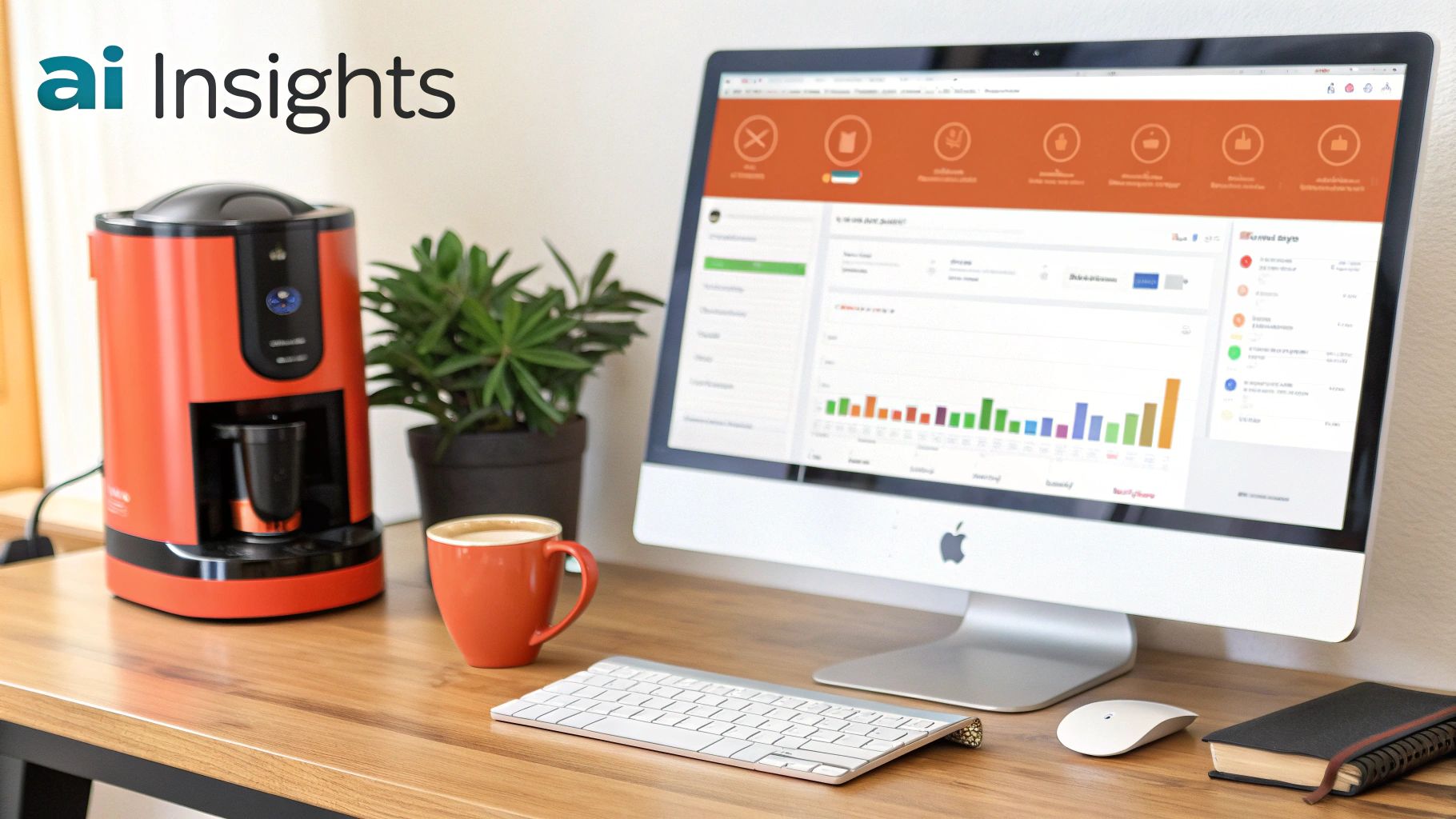 Desk setup with an orange coffee machine, coffee cup, Apple iMac showing data, and 'ai Insights' logo.