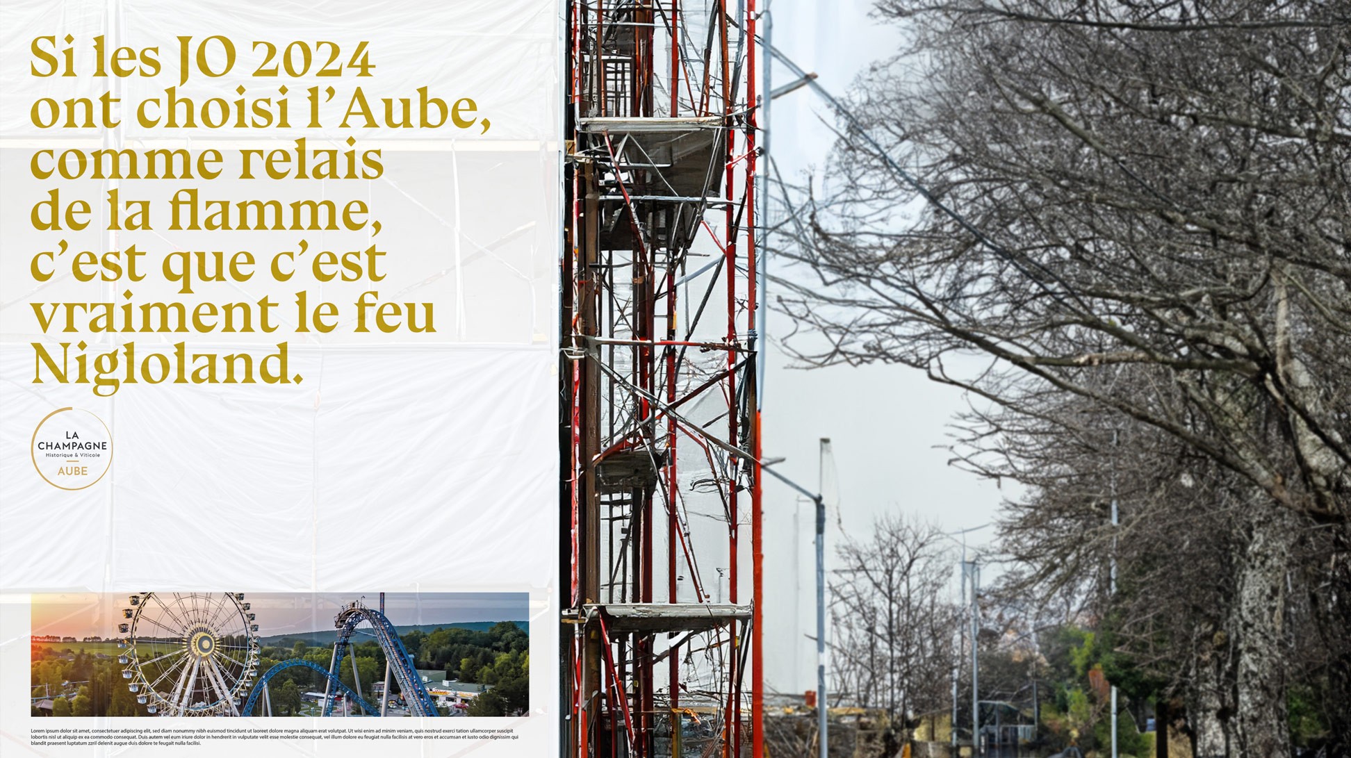 Bâche publicitaire sur un échafaudage. Nigloland.