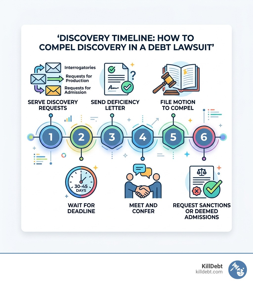 Discovery timeline infographic for a debt lawsuit showing steps from serving requests to filing a motion to compel