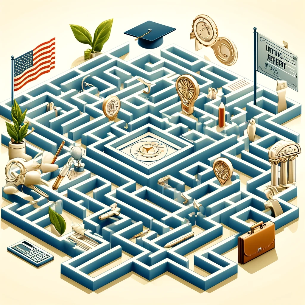 Complex maze with a clear path leading to symbols of professional success in the U.S., highlighting the journey of navigating H1B sponsorship.