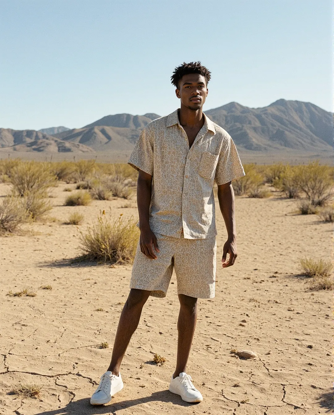 Fashion photography in desert landscape featuring cream patterned matching shirt and shorts set against mountains under clear blue sky