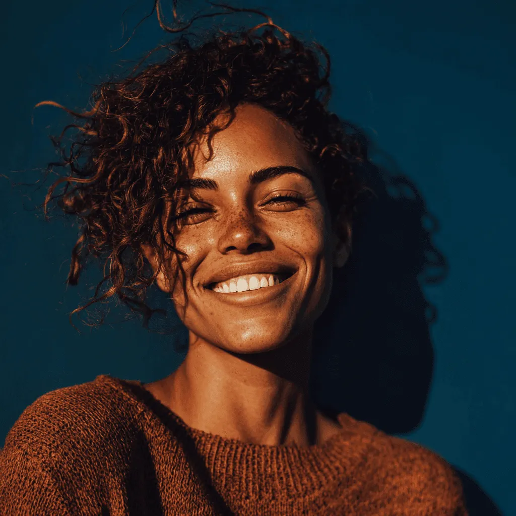 A smiling happy customer with curly hair on a blue background