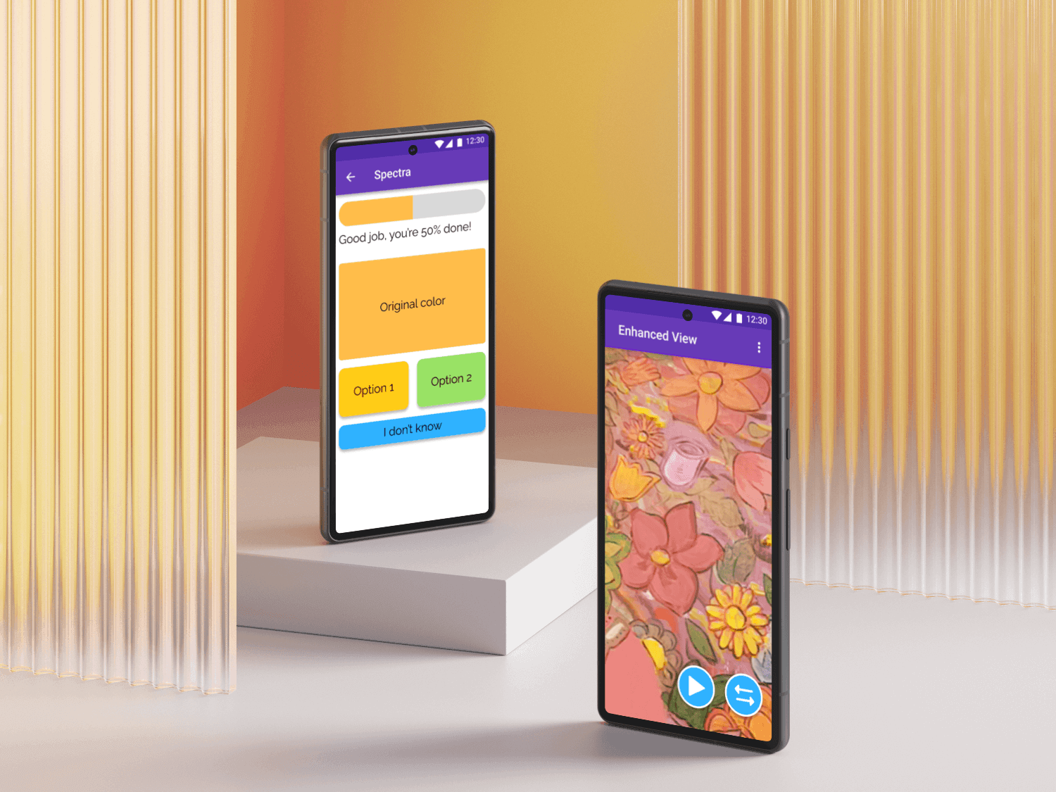Two screens of the app Spectra, -- a color blind test and enhanced camera view