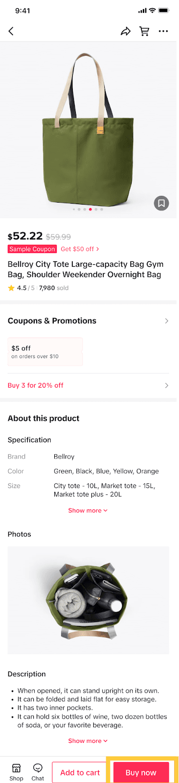 A blurred mobile phone screenshot showing a product detail page for a green bag in a shopping app.