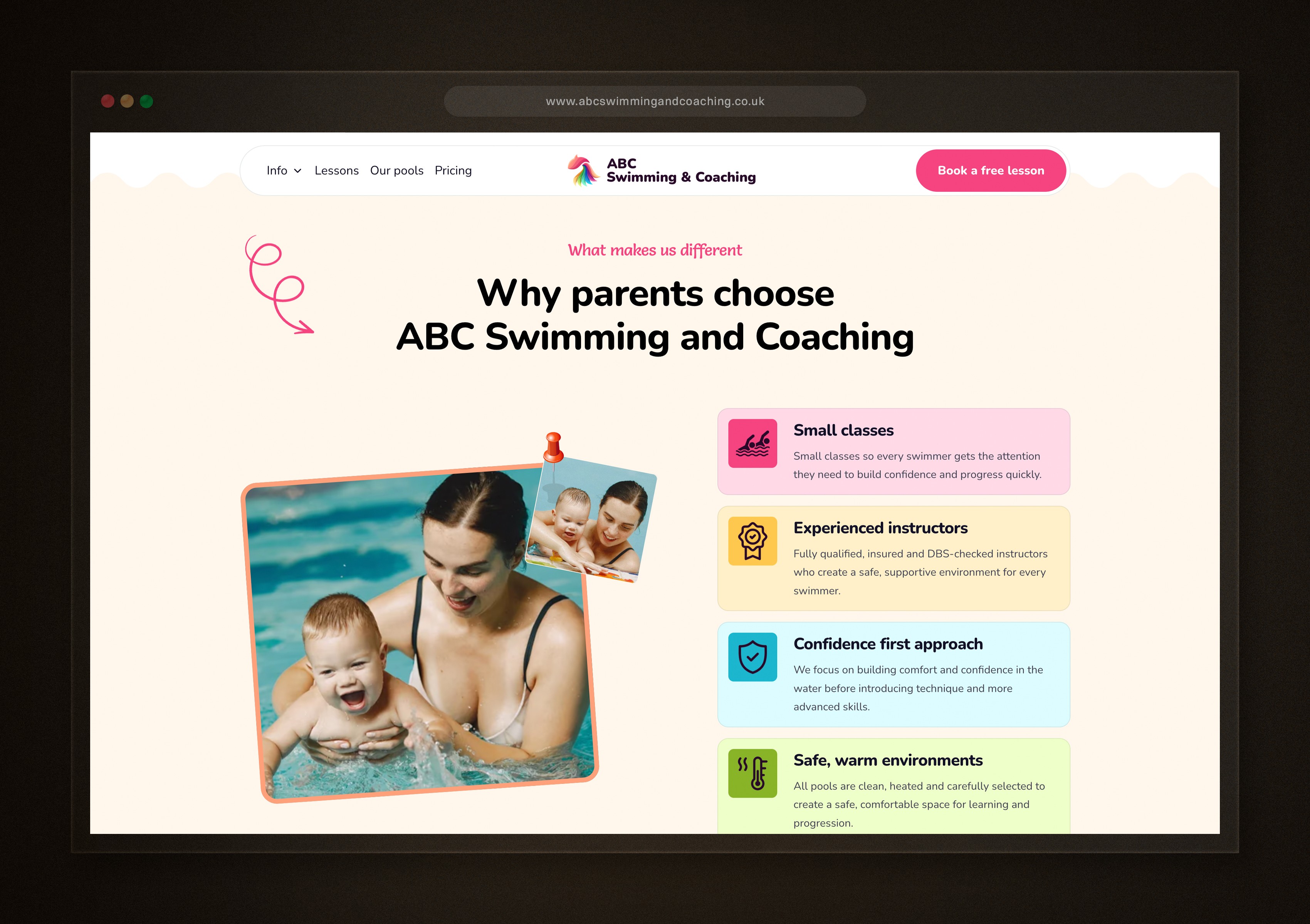 Swim school website layout designed to guide parents from first visit to booking with clear navigation and calls to action
