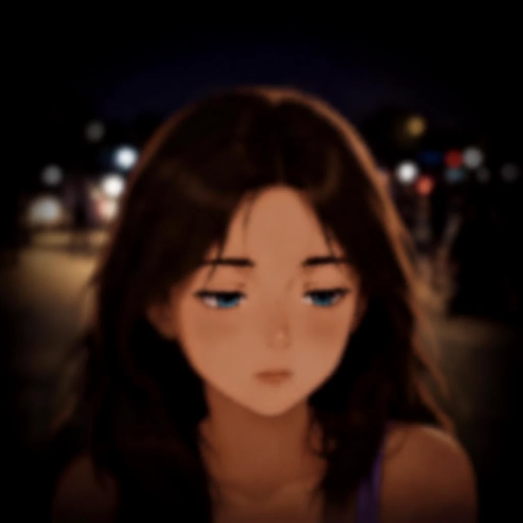 Primer plano borroso de Ona, de noche, con los párpados caídos y la mirada perdida. Los bordes de la imagen se oscurecen.