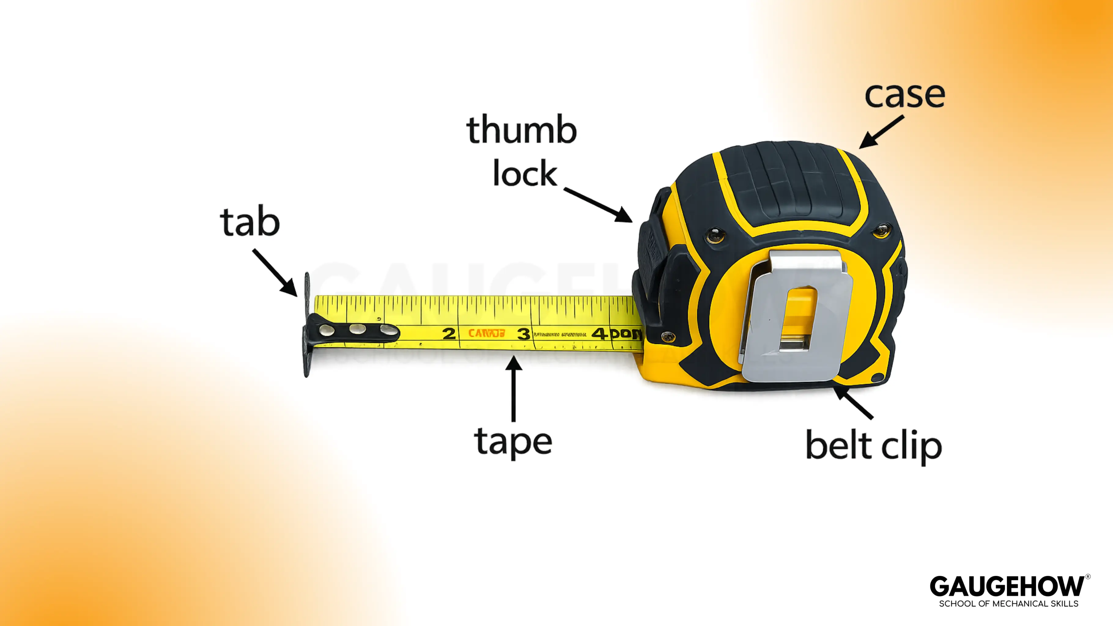 Tape measure parts labeled case lock hook