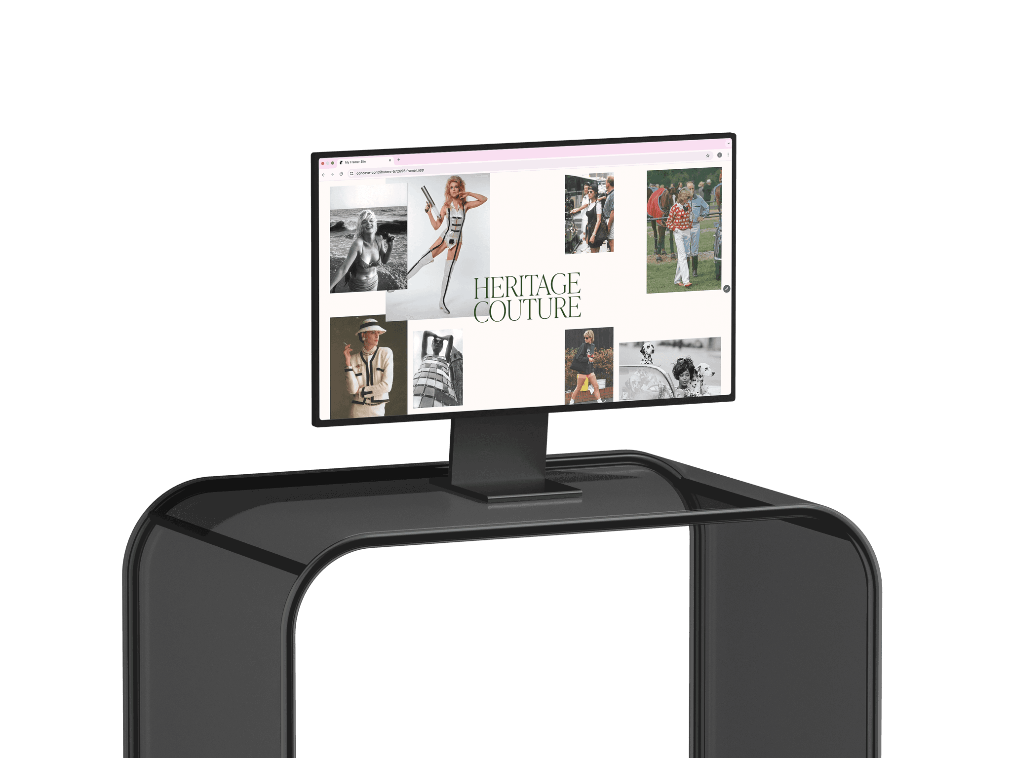 Mockup ordinateur fixe du site Héritage Couture : design premium et header immersif réalisé avec Framer.