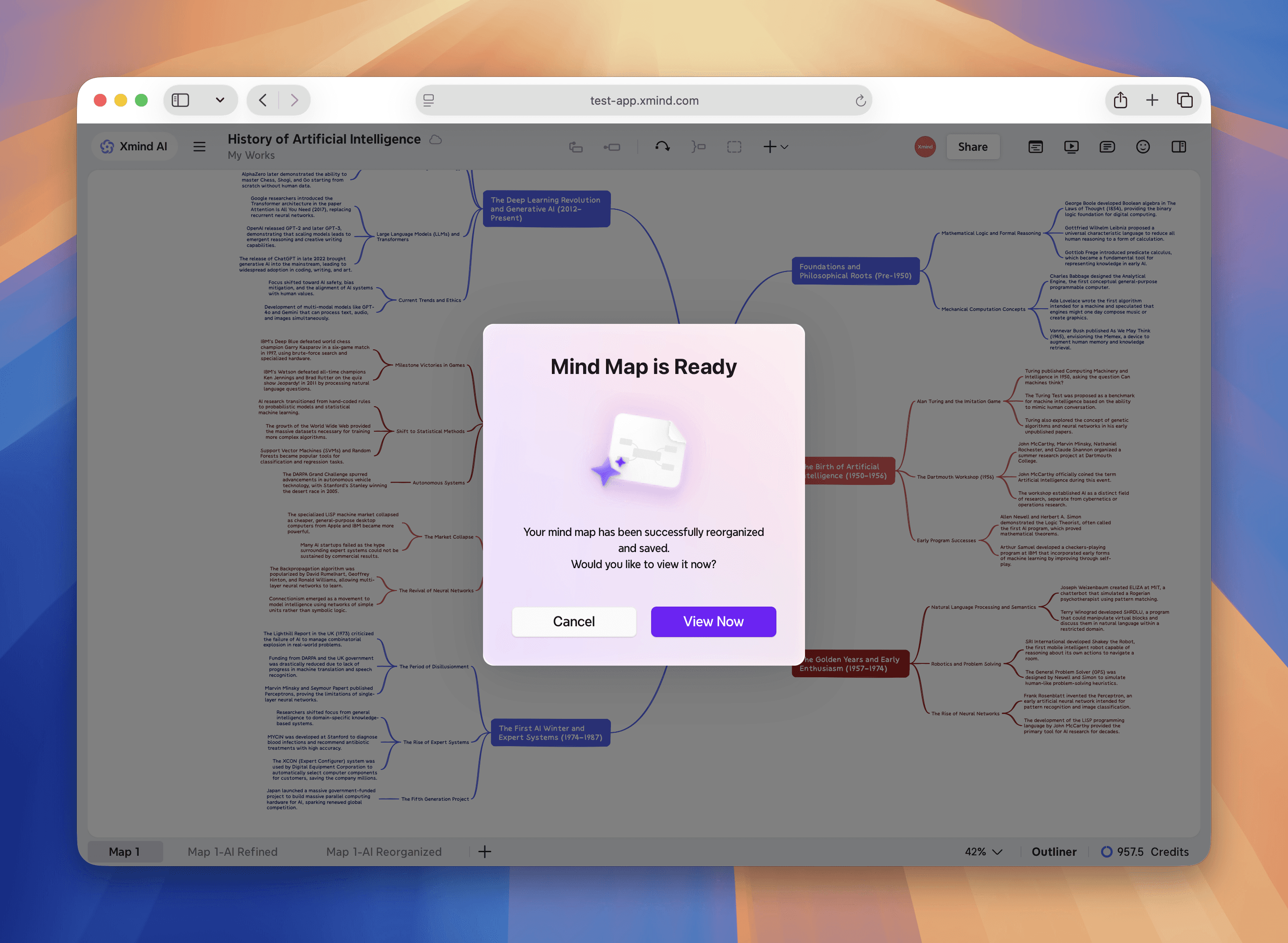 Mind map reorganization confirmation message displayed