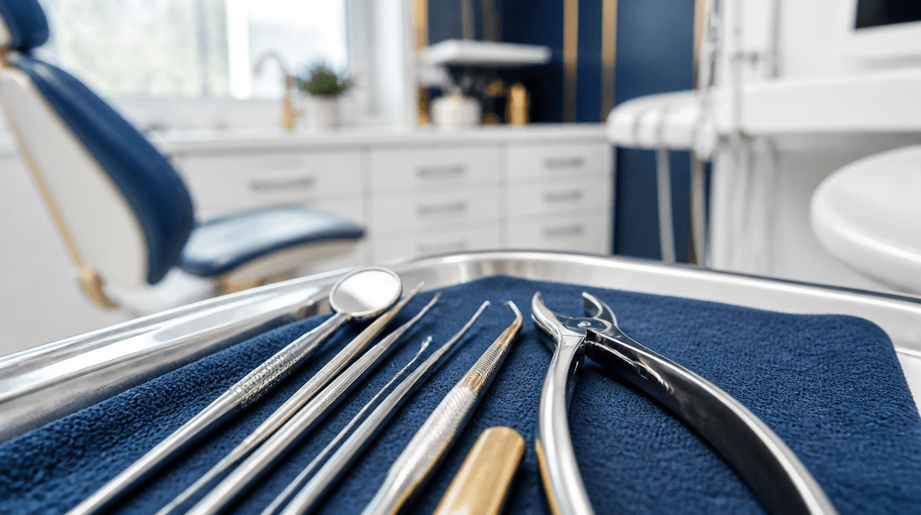 A sterile dental treatment tray with surgical instruments prepared for a same-day tooth extraction at Smyrna Dental Studio