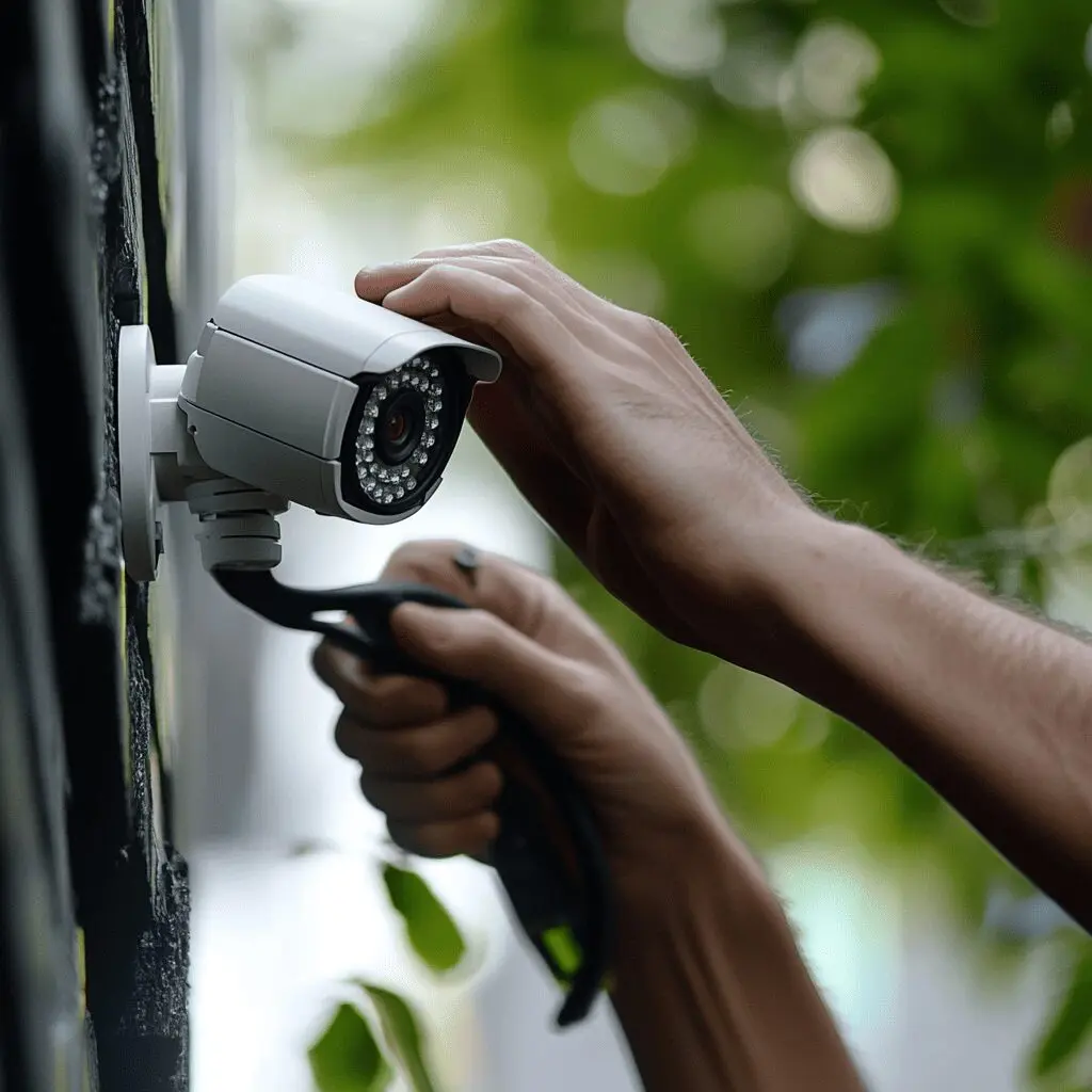 A close-up of a person installing a security camera on an exterior wall, adjusting its position while connecting the wiring. Green foliage is visible in the blurred background.