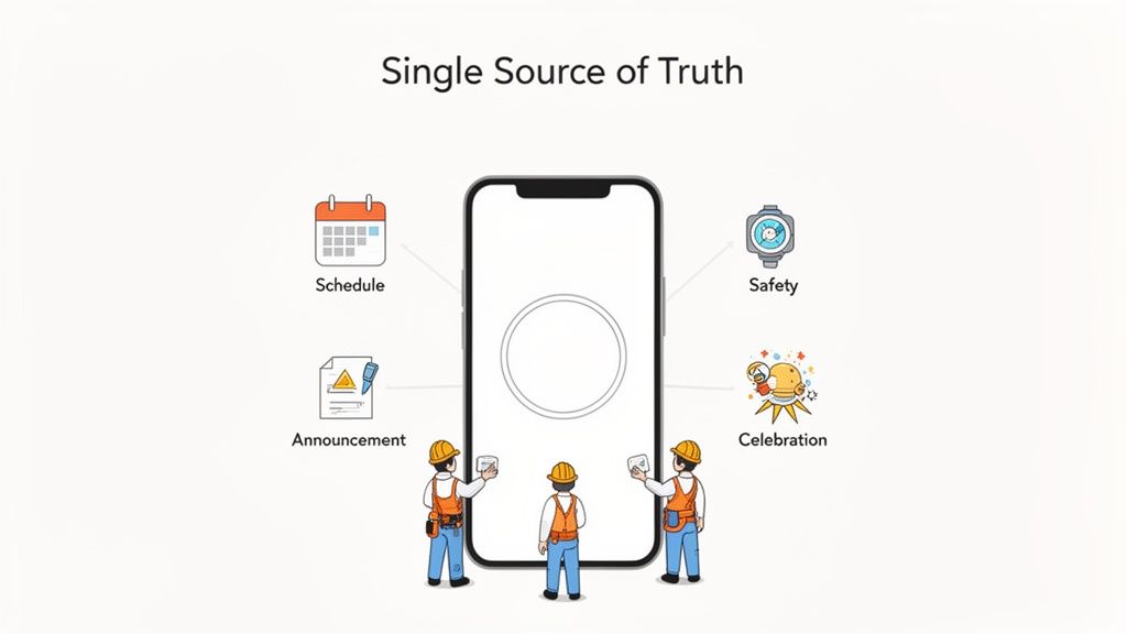 A smartphone representing a single source of truth for schedule, safety, announcements, and celebrations, with workers.
