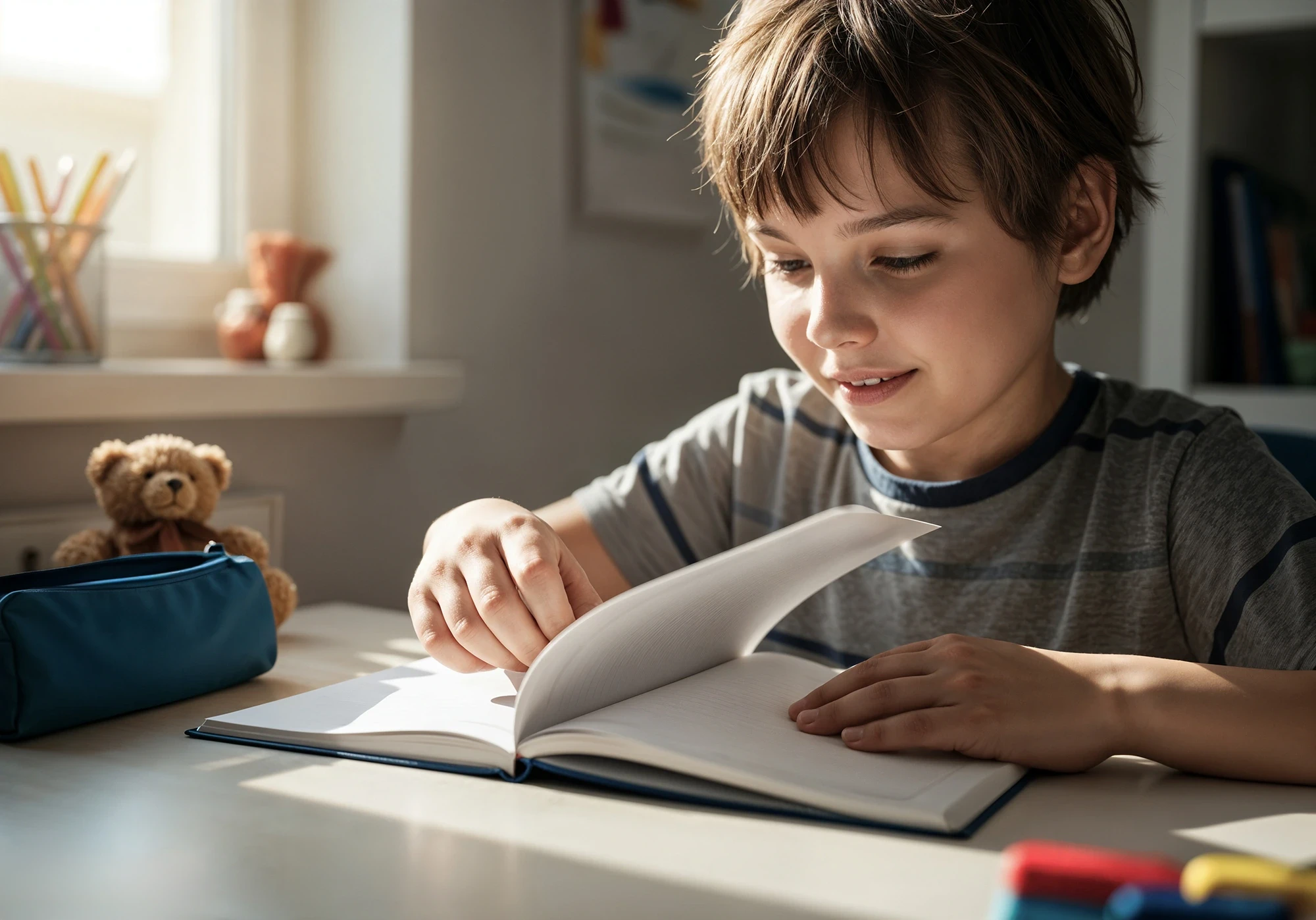 Student reading book at desk