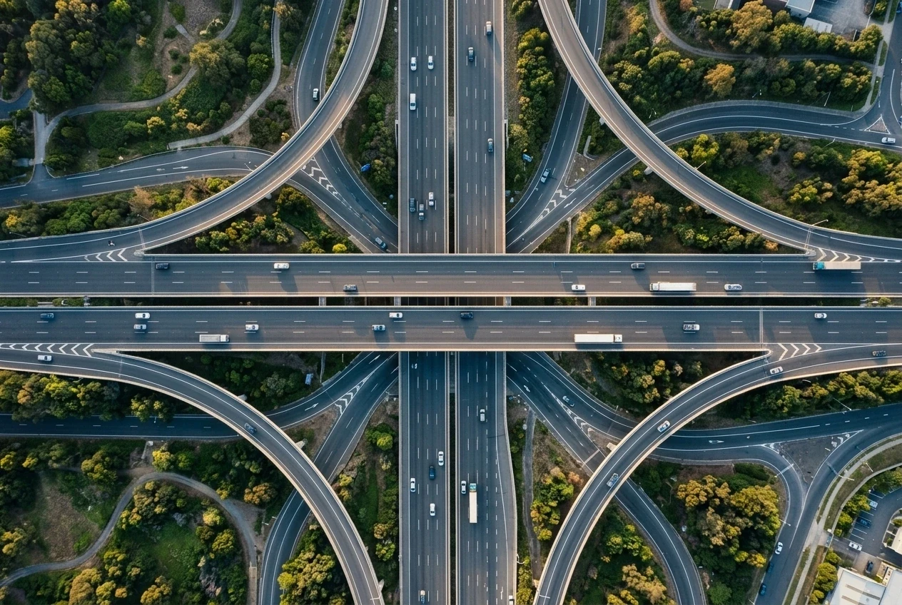 Aerial view of a highway overpass intersection surrounded by green parkland
