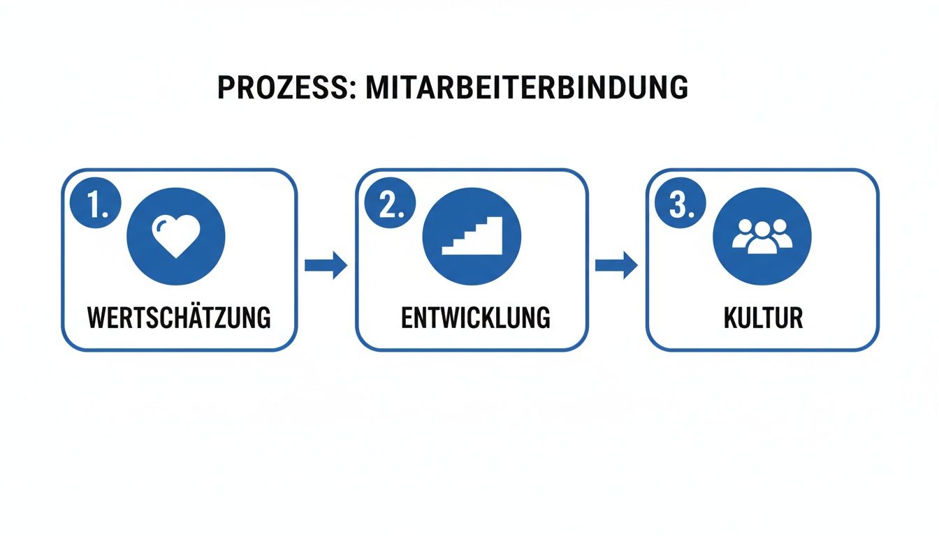 Schema zum Prozess der Mitarbeiterbindung: Wertschätzung, Entwicklung und Kultur als zentrale Schritte.