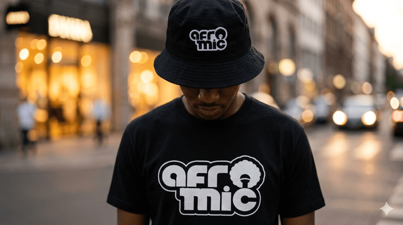 Man wearing a black Afromic branded t-shirt and bucket hat in an urban, street-style setting.