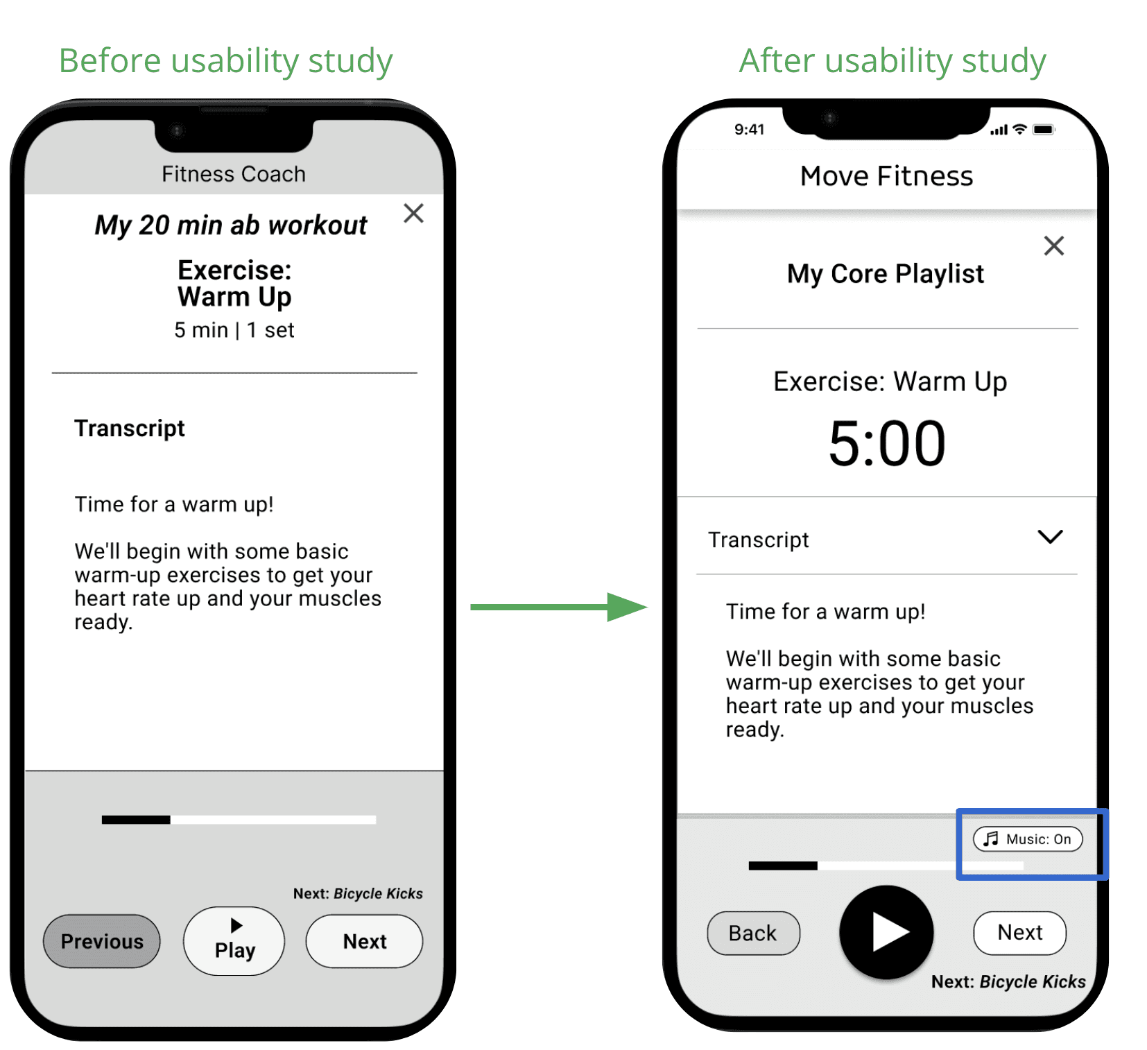 Before Usability Study, the Class screen did not have a music feature but in the second version after the usability study there is a button labeled music that opens an overlay to customize the music.